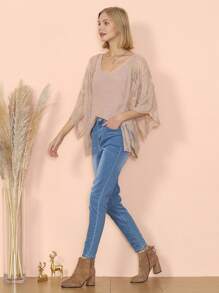 Womens Long Embroidered Lace Kimono Cardigan With Half Sleeves - 譚 - View 5