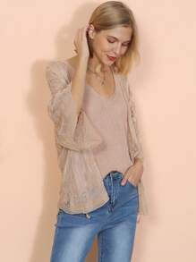 Womens Long Embroidered Lace Kimono Cardigan With Half Sleeves - 譚 - View 4