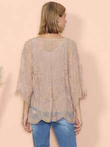 Womens Long Embroidered Lace Kimono Cardigan With Half Sleeves - 譚 - View 2