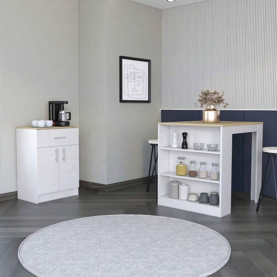 2 Piece Kitchen Set, Kitchen Island Table + Pantry Cabinet, White / Light Oak,YH-Choice