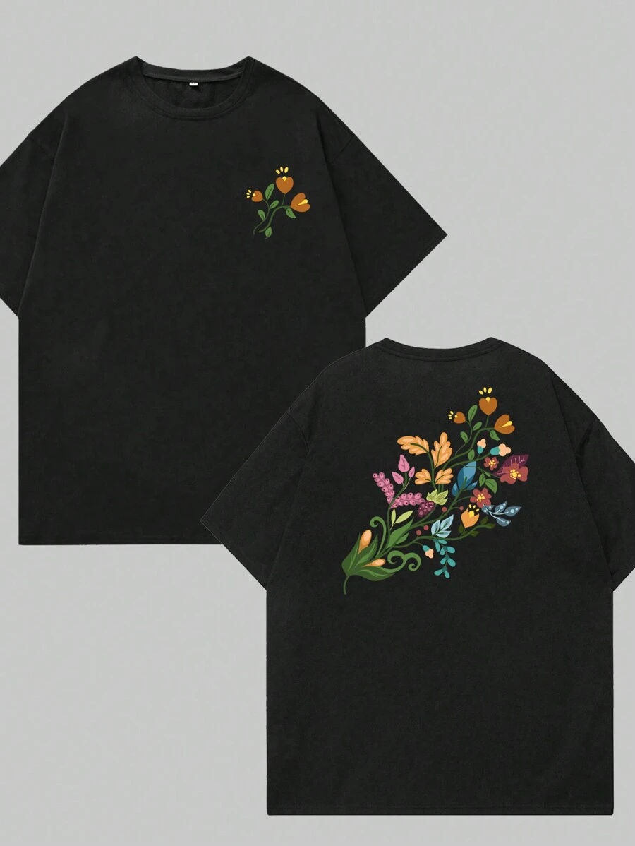 Cotton T-Shirt Floral Style Natural Men's Printed Blouse Comfort Soft Breathable Summer T-Shirt - màu đen - Xem 1