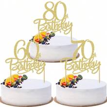 1pc 60th/30th/40th/50th/70th/80th Birthday Cake Decoration, Shiny Happy Birthday Cake Topper Set, Birthday Party Supplies - Gold - View 1