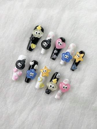 10 piezas de uñas postizas en forma de ataúd con sensación de gelatina, con forma de corazón pentagonal, nube de corazón, diseño lindo y hecho a mano, adecuado para la vida diaria, fiestas, reuniones, cumpleaños y suministros de uñas