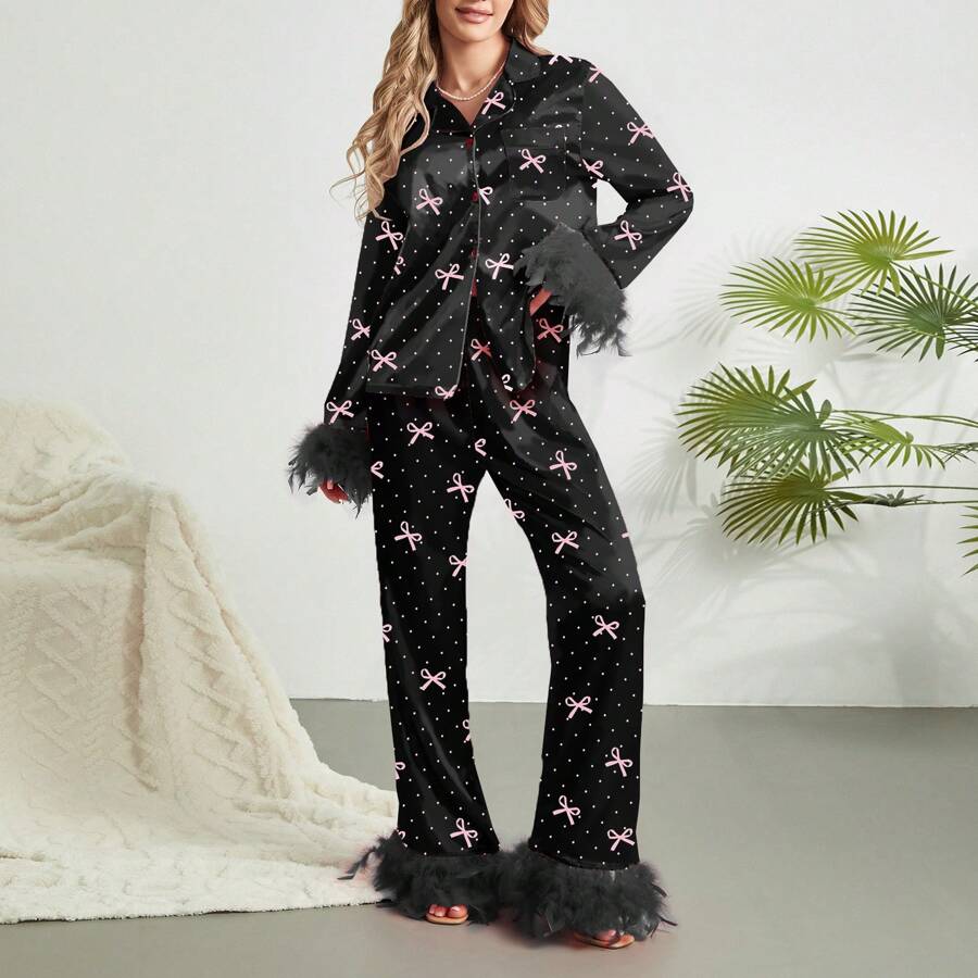 Women 2 Piece Lounge Set Heart Printed Long Sleeve Button Down Shirt And Pants Feather Trim Pajamas Sleepwear Set Women Feather Pajamas Silk Satin Lounge Sets Long Sleeve Button Down Shirts And Pants 2 Piece Pj Set - 黑色 - 查看 1