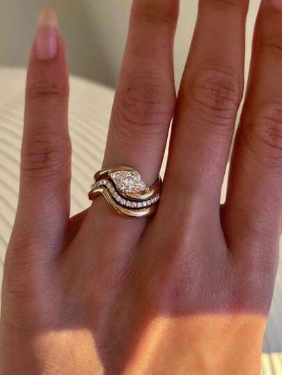 3pcs Set Luxury S925 Silver Horse Eye Zirconia Wave Design Ring Set, Elegant For Engagement, Wedding, Party, Daily Wear, Halloween And Holiday Gift