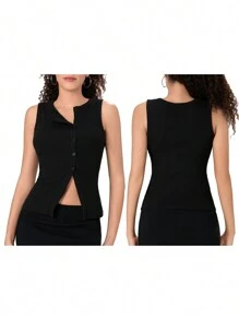 Women Ribbed Tank Tops Casual Summer Solid Color Button Up Sleeveless Shirt Basic Vest Aesthetic Clothes For Streetwear - Black - View 9