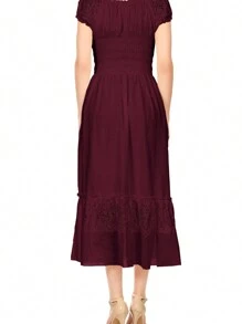 Renaissance Peasant Maiden Boho Inspired Cap Sleeve Lace Trim Maxi Dress - 酒紅色 - 查看 2