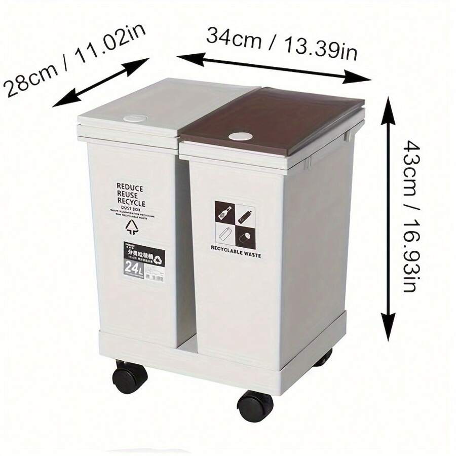 24L Wheeled Double Compartment Trash Can With Removable Push-To-Open Lid, Plastic Sorting Bin For Kitchen Recycling - PP - View 1