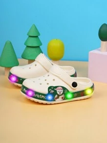 儿童圣诞雪人舒适时尚可爱透气凉鞋，男童/女童 EVA 沙滩户外装夜光拖鞋，儿童 LED 灯饰圣诞主题印花一脚蹬透气凉鞋，可爱节日风格适合圣诞派对和居家，EVA 橡胶人字拖 - 米色 - 查看 2