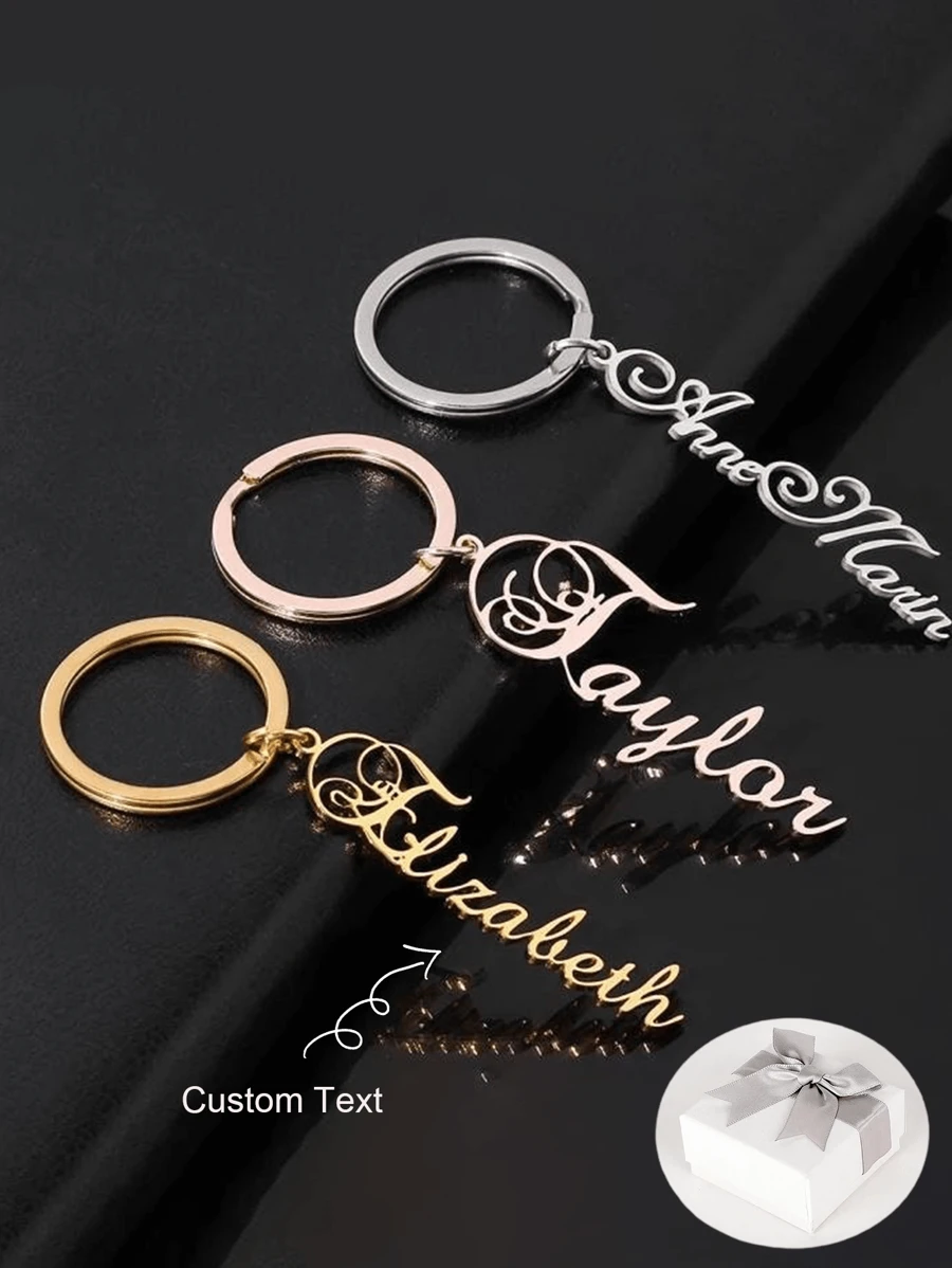 定制钥匙圈不锈钢名字个性化字母银玫瑰金钥匙扣礼物，送给她他妈妈女朋友男朋友情侣孩子，多种字体可供选择，休闲定制，个性化，独特理想礼物，送给女朋友、妈妈、家人、朋友，适合周年纪念、生日、日常佩戴、舞会、母亲节、情人节、毕业典礼、婚礼 - 彩色 - 查看 1