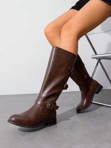 Women's Riding  Knee High Boots Low Block Heel  Round Toe Side Zipper Black Boots Fashionable Comfortable Buckle Decorated Boots - 棕色 - 查看 2