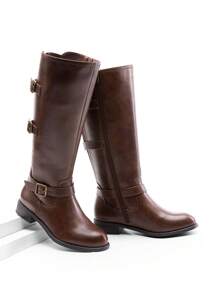 Women's Riding  Knee High Boots Low Block Heel  Round Toe Side Zipper Black Boots Fashionable Comfortable Buckle Decorated Boots - 棕色 - 查看 1