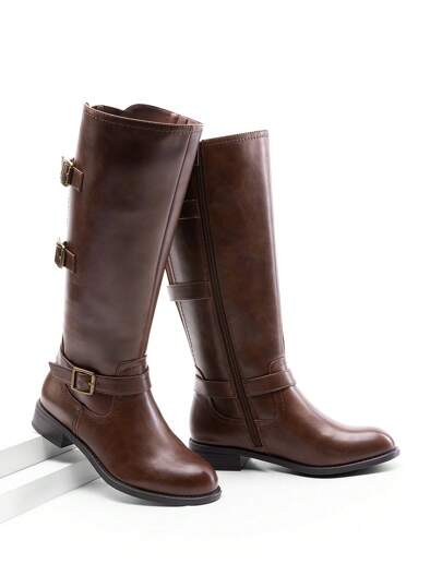 Women's Riding  Knee High Boots Low Block Heel  Round Toe Side Zipper Black Boots Fashionable Comfortable Buckle Decorated Boots