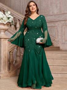 Vestido largo de fiesta de noche con cuello en V, encaje floral, inserto de lentejuelas, contraste de malla, manga larga y bajo de sirena, para fiestas, bodas, bailes de graduación y eventos, otoño