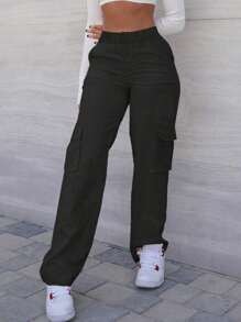 1 pieza Pantalones cargo de pierna recta sueltos informales para niñas preadolescentes con múltiples bolsillos, adecuados para ejercicio al aire libre, primavera/verano/otoño/invierno