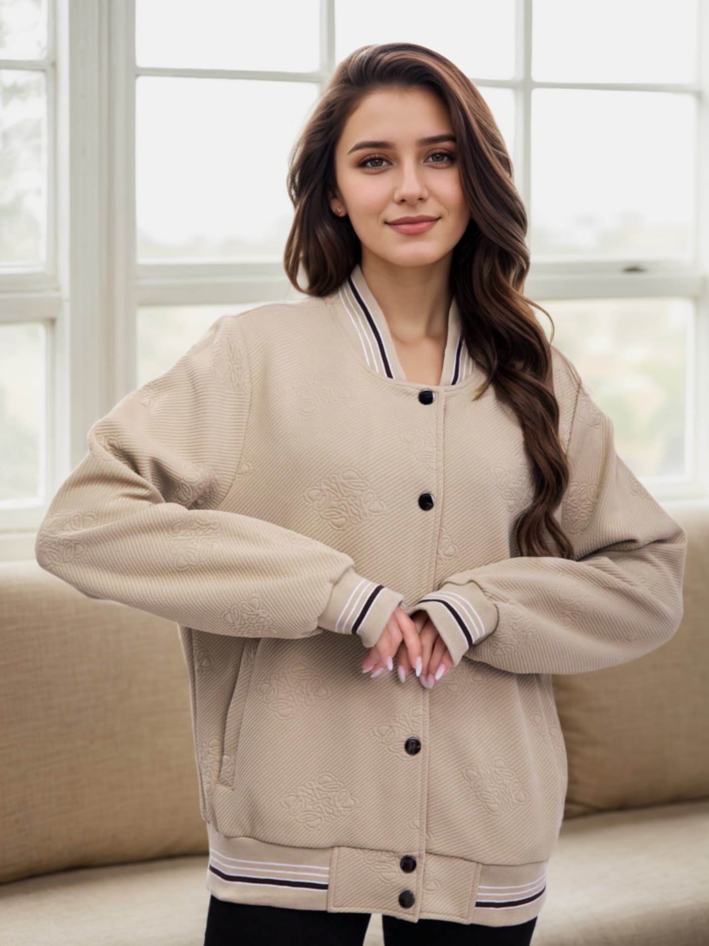 Women's Lightweight Baseball Jacket - Versatile Stitching Fabric Outerwear With Multi-Fabric Options And Unique Patterns - 卡其色 - 查看 1