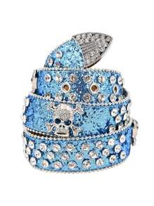 1pc Women's New Fashion Four Skull Rhinestone Decor Belt, Men's Punk Hip-Hop Leather Belt For Jeans Halloween - Skeleton - View 24