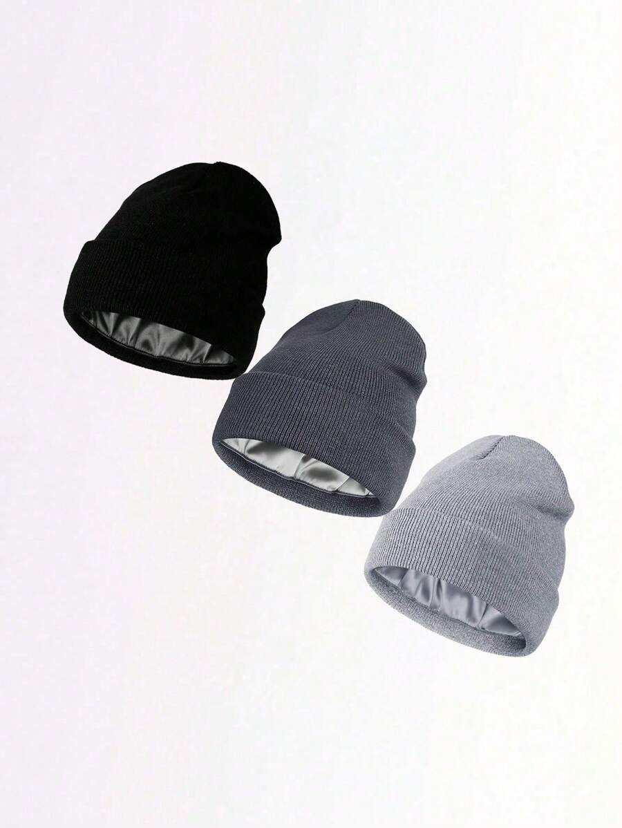 3 件套缎面衬里冬季男女款针织帽，带缎面衬里，纯色骷髅帽，秋季服装 - 彩色 - 查看 1