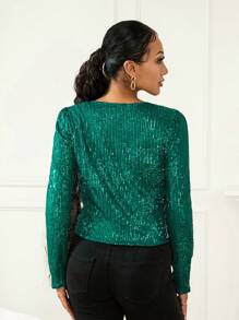 Women Sequin Jacket Solid Color Long Sleeve Open Front Crop Cardigan For Club Party - Dark Green - View 9