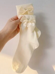 1 Pair Women's Cute Bow Decor Color Block Layered Socks, Suitable For Daily Wear, Detachable Brooch Style, Pastel Yellow/White/Black, Fall