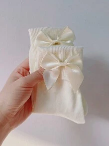 1 Pair Women's Cute Bow Decor Color Block Layered Socks, Suitable For Daily Wear, Detachable Brooch Style, Pastel Yellow/White/Black, Fall