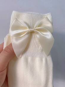 1 Pair Women's Cute Bow Decor Color Block Layered Socks, Suitable For Daily Wear, Detachable Brooch Style, Pastel Yellow/White/Black, Fall