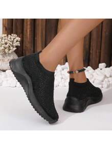Women's Rhinestone Decor Slip-On Sneakers Flying Woven Sports Shoes Breathable Low-Top Walking Shoes - 黑色 - 查看 2