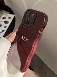 1 件定制简约波浪硅胶手机壳，个性化字母名称，韩国简约纯色防震情侣手机壳 - 酒紅色 - 查看 5