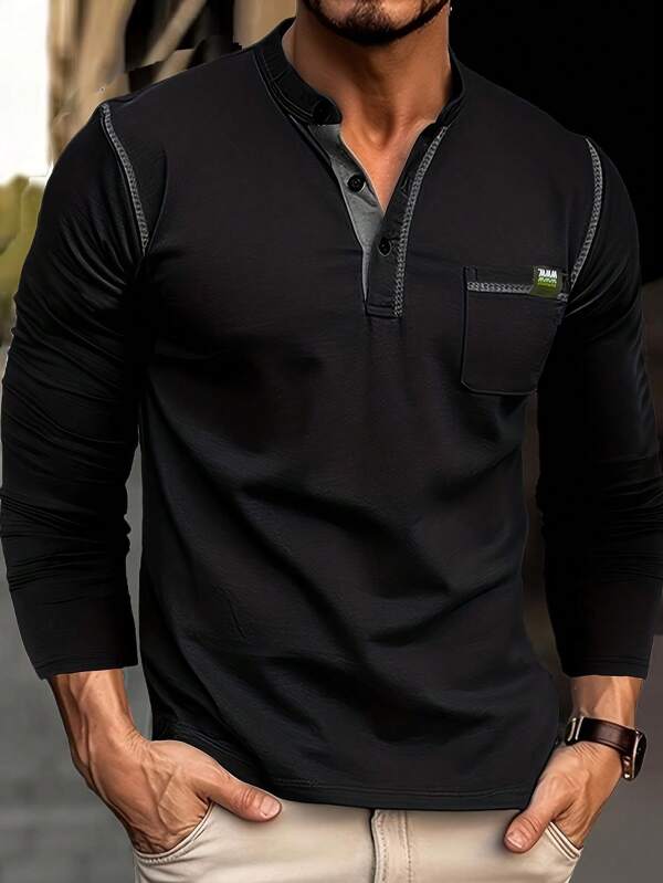 Plus Size Men's Long Sleeve Button-Up Henley Neck T-Shirt Top