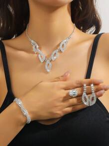 5 件水钻几何精致多功能珠宝套装包括项链、耳环、手链和戒指，适合女性日常通勤、校园约会、婚礼派对、情人节节日礼物 - 精緻項鍊套裝 - 查看 1