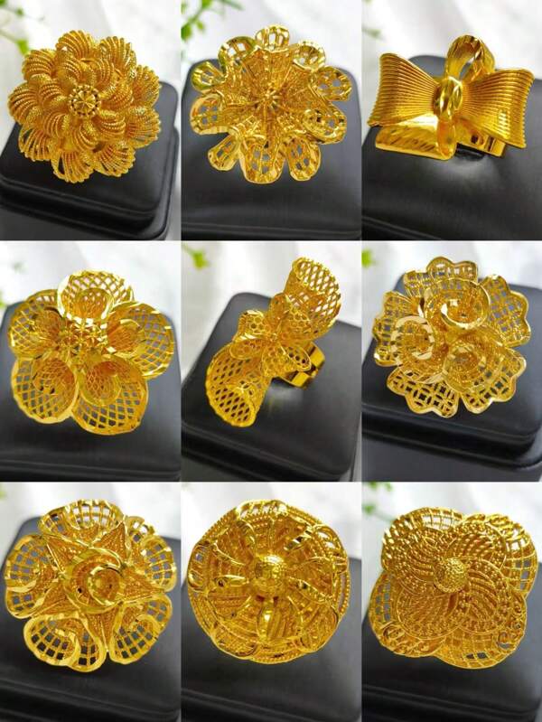 1pc Fashionable Women's Floral Hollow Gold Plated Ring, Dubai, European & African Bridal Wedding Party Dress Accessory, Christmas New Year Holiday Gift, Adjustable Gold Jewelry Size