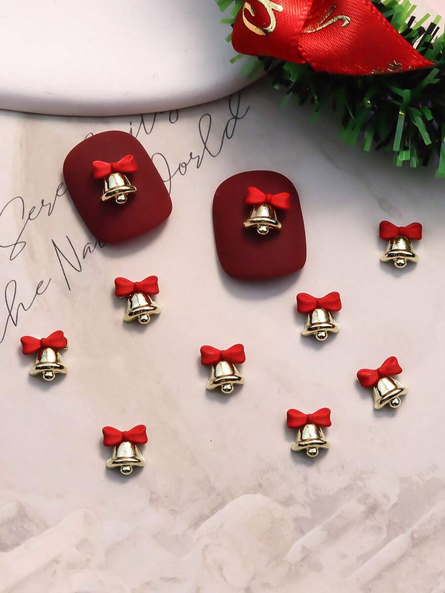 10 件套圣诞铃铛美甲配件、圣诞美甲 DIY 美甲装饰、美甲用品 - 紅色 - 查看 1
