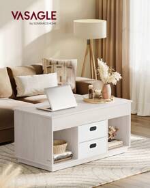 VASAGLE Couchtisch, höhenverstellbarer Wohnzimmertisch, 2 Schubladen und versteckte Fächer, Kaffeetisch, offene Fächer, für Wohnzimmer, Homeoffice, Haferflockenbeige - Kamelfarben - Übersicht 4