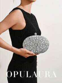 OpulAura 奢华女士闪亮水晶装饰迷你盒式手拿包，迷人水钻晚宴手提包适合正式活动、派对、婚礼 - 配有可拆卸链条、时尚派对包，非常适合派对、婚礼、舞会、晚宴/宴会、必备婚礼物品，与毕业礼服、舞会礼服、迷人水钻包完美搭配