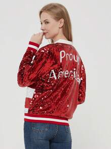 Chaqueta de manga larga con cremallera frontal y puños acanalados, con lentejuelas, para mujer, ideal para fiestas - Bandera de EE.UU. - Ver 2