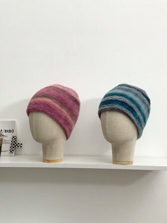 1 st stickad mössa, ny designad varm mössa för kvinnor, höst/vinter, retro original mjuk handgjord randig stickad mössa med gradientmönster