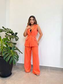 Tailoring Set Of Vest And Pants With Wonderful Belt - Orange - View 3