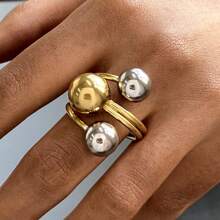 1pc Stainless Steel Ball Adjustable Ring Statement Golden Metal Finger Ring Jewelry Water Resistant Hypoallergenic