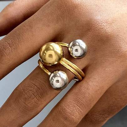 1 pieza Anillo de metal dorado ajustable de acero inoxidable con bola, joyería de anillo de dedo de resistente al agua e hipoalergénica