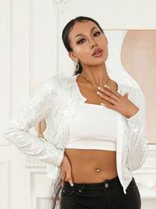 Women's Sequin Jacket Long Sleeve Open Front Glitter Cropped Blazer Bolero Shrug Coat - Silver - View 2
