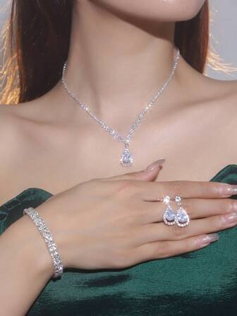 Bridal Jewelry Set - Necklace, Earrings, Bracelet, Adorned With Rhinestones And Teardrop Crystals, Elegant And Refined - Suitable For Women's Daily Wear, Weddings, Parties And Other Occasions