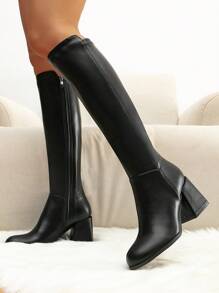 Women's Comfortable Versatile Side Zipper Chunky Heel Tall Boots, Fashion Round Toe High Shaft Boots, Solid PU Faux Leather Over-The-Knee Boots, Black Classic Motorcycle Boots