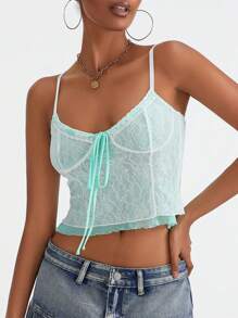 Women Y2k Crop Cami Tops Spaghetti Straps Tie-Up Front Lace Patchwork Camisole Slim Fit Tank Tops Summer Sleeveless Backless Going Out Tops Party Club Streetwear - Màu xanh lam - Xem 4