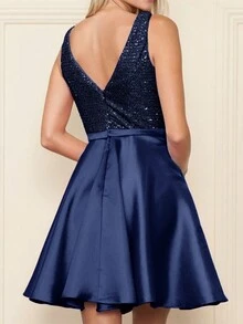 Women's A Line Graduation Party Dress V Neck Short Prom Dress Sequined Satin Party Dress With Pockets, Wedding Guest Dress - Navy Blue - View 4