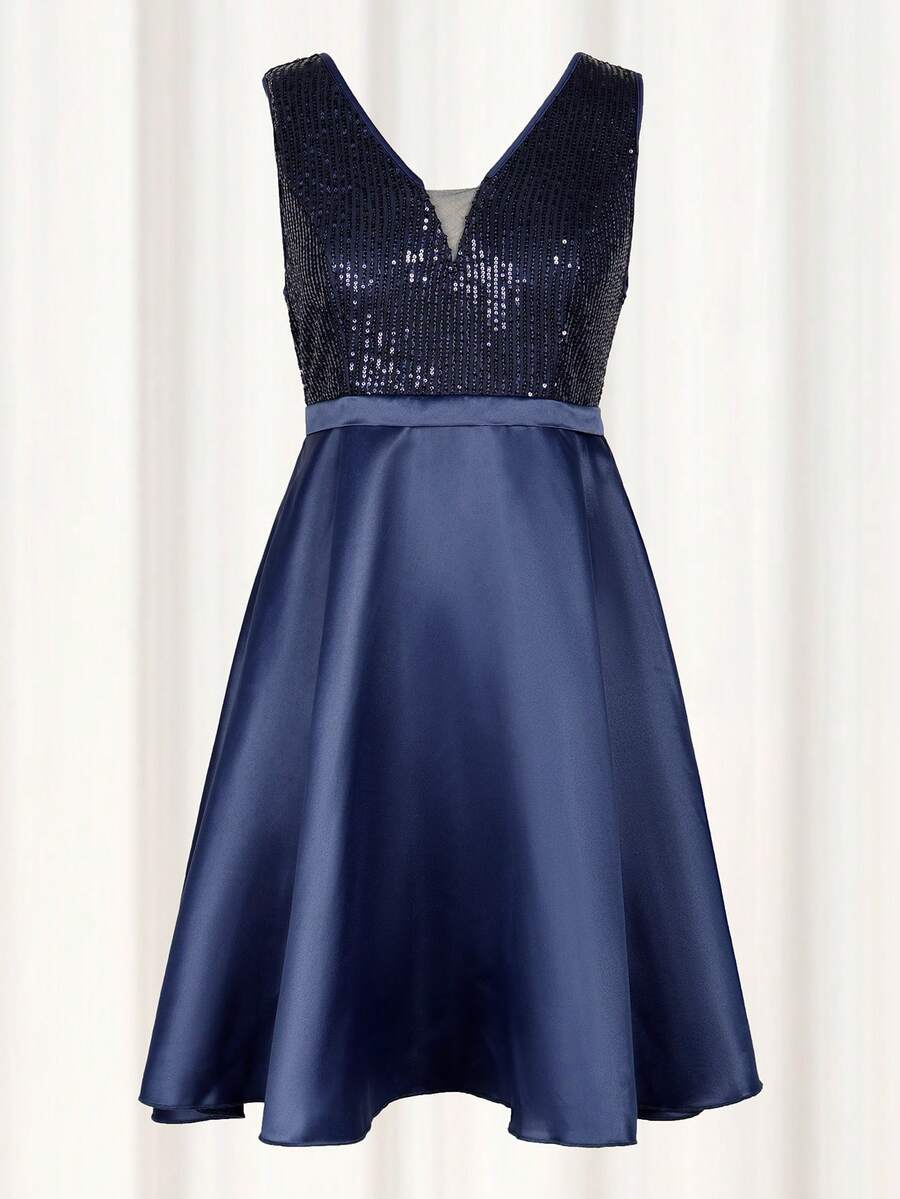 Women's A Line Graduation Party Dress V Neck Short Prom Dress Sequined Satin Party Dress With Pockets, Wedding Guest Dress - Navy Blue - View 1