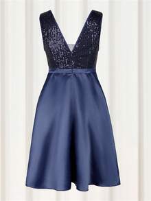 Women's A Line Graduation Party Dress V Neck Short Prom Dress Sequined Satin Party Dress With Pockets, Wedding Guest Dress - Navy Blue - View 2