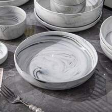 Vajilla de cerámica minimalista moderna con diseño de vetas de mármol, con múltiples opciones que incluyen platos, cuencos de arroz, cuencos de sopa, aptos para pasta, postres, ensaladas, platos principales, entrantes, patatas fritas, platos de carne, para reuniones en el hogar y restaurantes