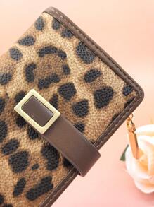MINGYOU 女士短款钱包 PU 时尚经典豹纹拼色按扣开合宽敞多卡槽多功能卡包零钱包，青春拉链零钱包小巧轻便携带方便，适合节日礼物 - 棕色 - 查看 2