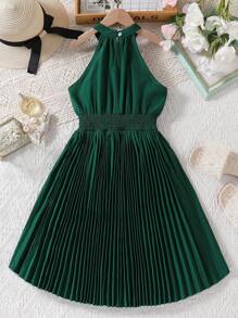 青少年女孩无袖圆领露背收腰 A 字褶边连衣裙