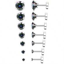 6pcs/Set 3mm - 8mm Hypoallergenic Flat Back Earrings For Women & Men, Silver Stainless Steel Stud Earrings With Cubic Zirconia Birthstone, Suitable For Sensitive Ears